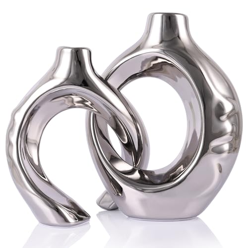 Silberne Home Decor Keramikvase, runde Vase mit Löchern, 2 Stück, geeignet für Hochzeitseingangs-Dekoration, Bücherregal, Kaminsims, einzigartige Wohnkultur (Silber) Silberne Home Decor Keramikvase, runde Vase mit Löchern, 2 Stück, geeignet für Hochzeitseingangs-Dekoration, Bücherregal, Kaminsims, einzigartige Wohnkultur (Silber)