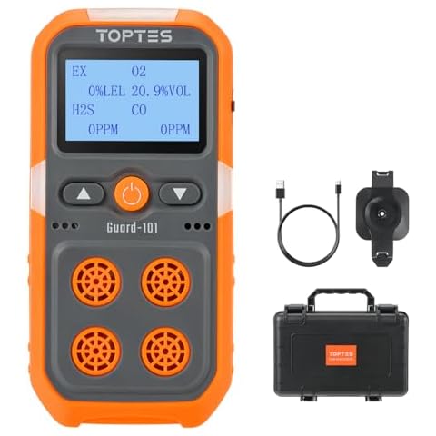 TopTes Guard-101 4 Gas Monitor Multi Gas Detector for H2S, CO, LEL and O2, with Vibration, Visual and Audible Alarms, 14h Long Battery Life, Safety Explosion-Proof, Gas Monitor for Work, Home - Orange Cover