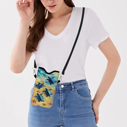 Image of Neoprene Cell Phone Sleeve Pouch Case Bag with Crossbody Strap Neck Lanyard for Women 7.1 X 3.9 in Cute Turtle