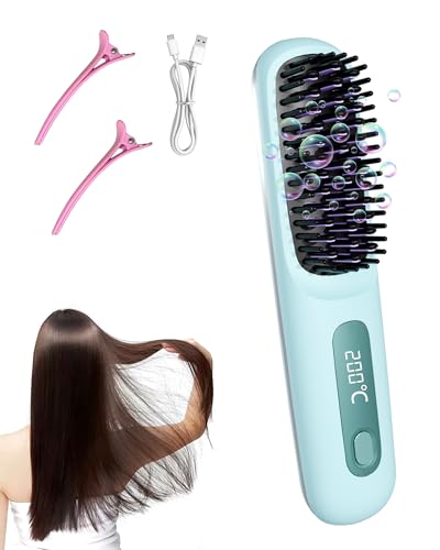 Go Brush Pro 2026 for Short Hair Portable Straightener Brushs for Travel with LCD Temperature Display Fast Heating Cordless Mini Hair Brushs (Blue)