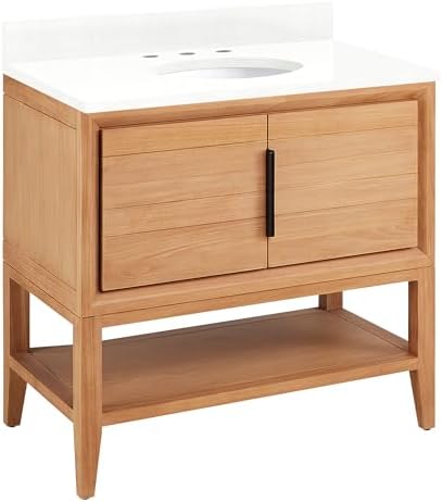 Signature Hardware 955226-36-um Aliso 36" Console Teak Single Basin Vanity Set with Cabinet, Vanity Top, and Oval Undermount Sink - 8" Faucet Holes - Natural Teak/Feathered White
