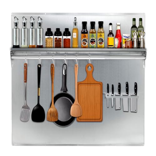 30"x30.7" Stainless Steel Range Backsplash for Stove Hood - Wall Mount Kitchen Back Panel with Storage Shelf & Knife Rack - Install with Pre-Drilled H