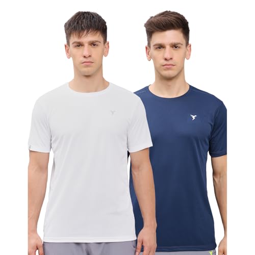 Image of TECHNOSPORT Men's 100% Polyester Slim Fit Solid Short Sleeve T-Shirt for Gym, Workout, Sports and Regular Use - Pack of 2