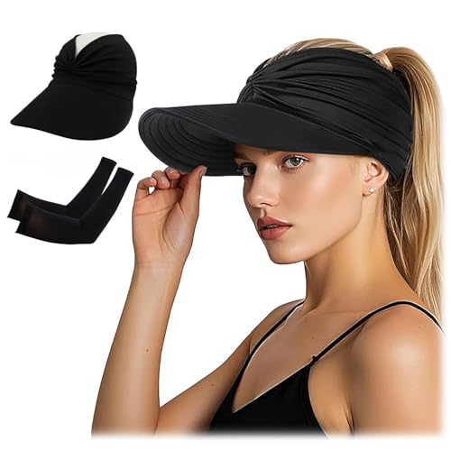Caiyungui - Sun Visor Hat Women, Adjustable Wide Brim Sun Hat, Foldable Ponytail Beach Hats Summer UV Protection Outdoor Cap UPF 50+ (CA/US, Alpha, One Size, Medium, Black, None, None)