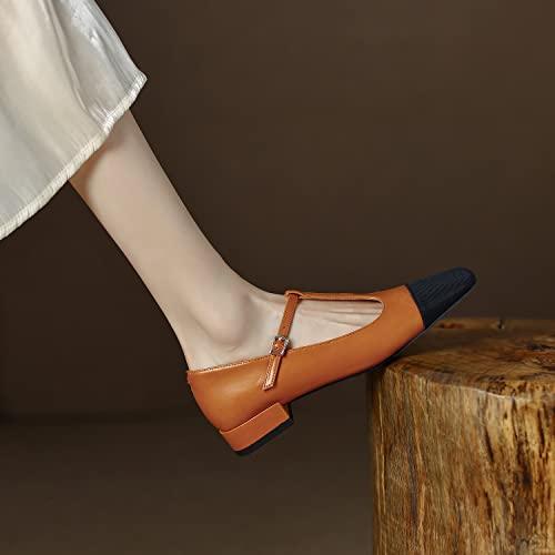 FOWT Simple Mini Square Toe T-Strap Buckle Strap Womens Black Flats Comfort Two-Toned Cap Toe Mary Janes Shoes Fall Ladies Slip on Cut Out Shoes for Dressy Uniform Commuting Travel, US Size 4-8 M4