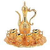 Vintage Turkish Tea Set with Tray and 6 Cups Exquisite Wine Pot Set Decorative Retro Tea Service Set for Home Party Decor (Gold)