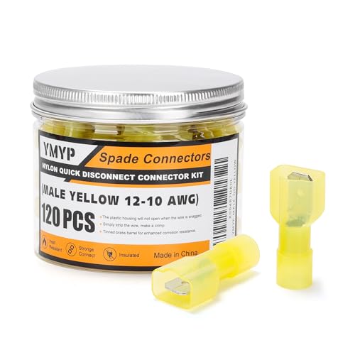 120PCS Nylon Male Spade Connector Kit -Yellow 12-10 AWG - Quick Disconnect Electrical Wire Connectors - Tinned Copper Insulated Terminals for Automotive Electronics Crimp