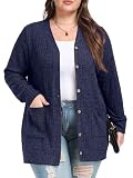 OLRIK Plus Size Fall Clothes Button Down Sweater Cardigan Casual Winter Outfits Navy Blue-2X