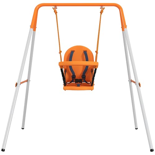 Outsunny Columpio para Bebés, Columpio Jardín Exterior de Acero con Respaldo, Cinturón de Seguridad, Marco Forma A, para Niños de 6 36 Meses, para Interior y Exterior, Carga 25 kg, Naranja