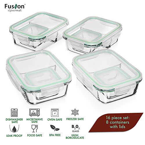 Fusion Gourmet Nestable Divided Glass Meal Prep Containers, 2 Compartment With Side Container [4 Cup & 1/2 Cup] Airtight, Leak Proof, Microwave Safe (Green) #TOP4
