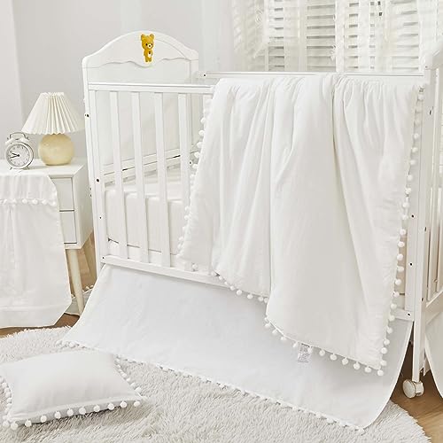 Image of Brandream Gender Neutral Boho Bohemian Baby Girl Boy Nursery Crib Bedding Set 3 Pieces Solid White Farmhouse Chic Unisex Minimalist Tassel Pom Pom Macrame Cozy 100% Washed Cotton