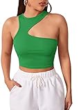 Verdusa Women's Asymmetrical Neck Sleeveless Slim Fitted Ribbed Crop Tank Top Green M