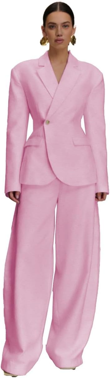 Women's Suiting Pantsuit 2 Piece Set Button Blazer Pants Dressy Casual Wide Leg Pant Suit for Wedding Suits