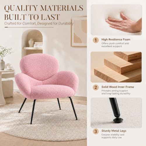 Image of Accent Chairs Set of 2 for Living Room, Boucle Fabric, Pink | Modern Accent Chair with Cloud Backrest, Soft Textured Boucle Fabric, Small Reading Chair for Sunroom, Reception Area