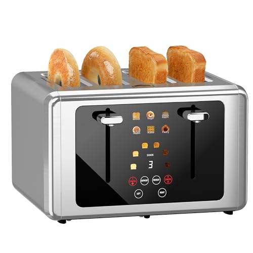 WUNLY 4 Slice Toaster, Touchscreen & Dual Independent Control Panel, 5 Basic Functions & Digital Countdown Toasters, 6 Shade Settings & 6 Bread Types, Smart Bread Maker Mute/Screen-Off, Glac