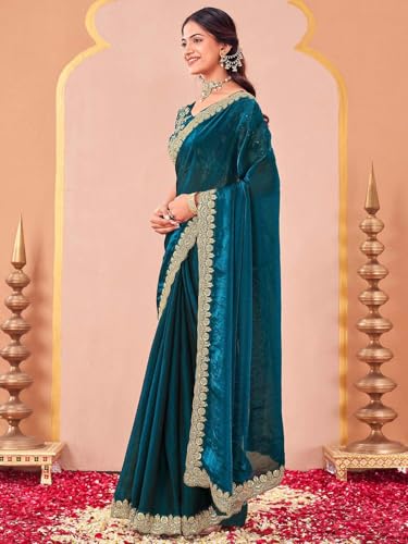 Image of SIRIL Women's Tissue Silk Sequins Embroidery Saree with Unstitched Blouse Piece