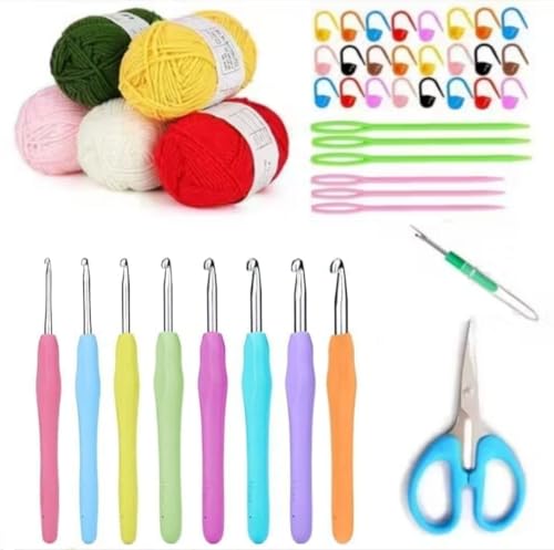 Image of Dodhar Crochet Kit for Beginners & Adults, 9 Ergonomic Crochet Hooks with Yarn, Stitch Markers, Plastic Needles & Scissors - Complete Crochet & Knitting Starter Set (Color Hook ki)