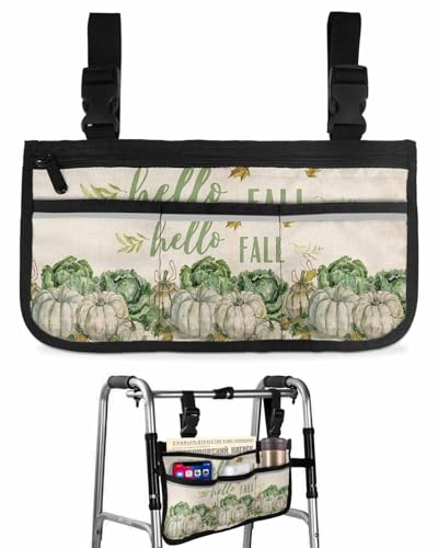 Anzona Hello Fall Wheelchair Side Bag Walker Bag, Rustic Sage Green Vegetable Leaves Wheelchair Accessories Armrest Pouch, Organizer Storage Bag for Walkers, Rollators, Scooters, 7.3''x13''