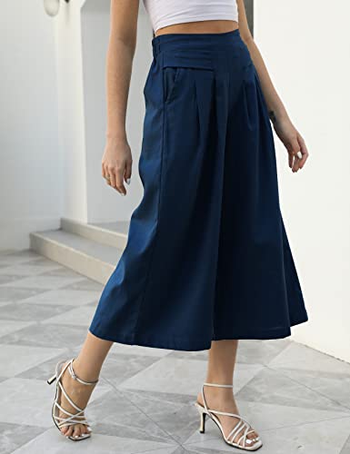 Image of Gihuo Culottes for Women Linen Wide Leg Gauchos Capri Palazzo Pants | Cotton Linen Pants,Flowy Pants,Women's Culottes,Cropped Pants,Elastic Waist Trousers with Pockets