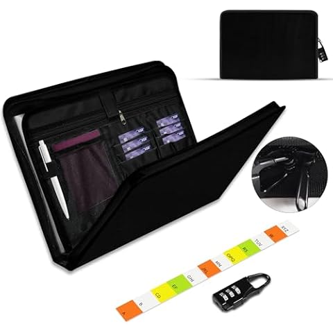 Qefuna Accordion File Organizer,13 Pockets Fireproof Expanding File Folder with Multi Pockets-Folders with Zipper&Colorful Tabs,Portable Important Document Organizer,Letter A4 Files | Receipt(Black) Cover