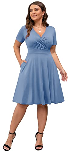 Image of POSESHE Womens Plus Size Dresses Summer Short Sleeve Wrap V-Neck Sundress Casual Wedding Guest Cocktail Dress with Pockets