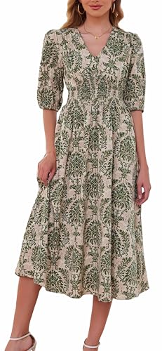 Kormei Women Casual Boho V Neck 3/4 Sleeve Smocked Waist A Line Pocket Swing Midi Long Dress XL Green Floral