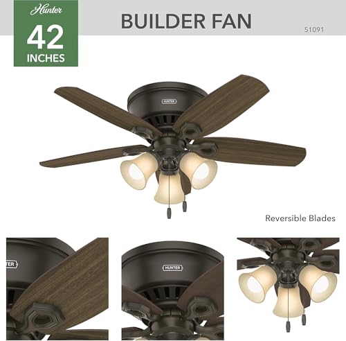 Image of Hunter 42 inch Indoor Ceiling Fan with LED Lights & Remote - Bronze Ceiling Fan, Pull Chain, for Bedroom, Living Room, or Kitchen, Low Profile Flush Mount, 5 Blades - Builder 51091, New Bronze