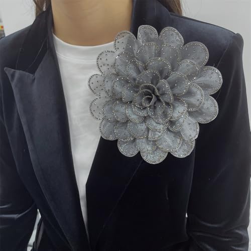 Image of Rhinestone Camellia Flower Big Brooch Lapel Pins for Women Fashion Crystal Fabric Floral Brooches Pin for Dresses Suit Accessories Jewelry Boutonniere Corsage Wedding Party 140mm