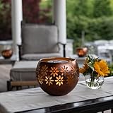 Solar Fire Bowl (1-Pack) Outdoor Waterproof Solar Lanterns - Metal Porch Lights with Flickering Flame for Tabletop, Patio, Garden & Landscape Decor (Bronze/Copper)