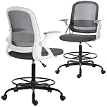 HOMCOM Drafting Chair, Tall Office Desk Chair with Flip-up Armrests, Adjustable Height and Footrest, Lumbar Support for Standing Desk, Home Office Use, Grey