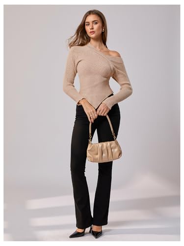 Image of MakeMeChic Women's Off The Shoulder Long Sleeve Sweater Asymmetrical Wrap Lightweight Pullover Top
