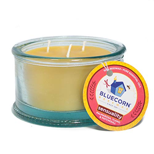 Bluecorn Beeswax 100% Recycled Spanish Glass Aromatherapy Beeswax Candle - 3 Wick - Sensuality