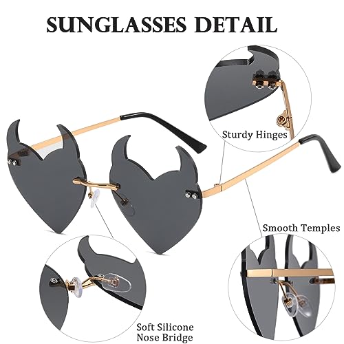 Goth Horns Heart Sunglasses for Women Rimless 90s Punk Heart Glasses Trendy for Party Festival colored Sunglasses4