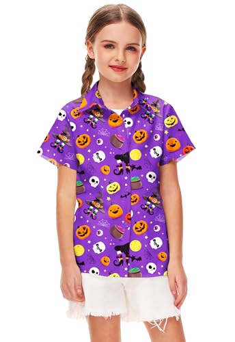 Image of Remimi Unisex Kids Halloween Shirt Boys Pumpkin Ghost Shirts Hawaii Button Up Tops 5-14 Years