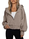 Trendy Queen Hoodies for Women Full Zip Up Cropped Sweatshirts Jackets Casual Comfy Gym Tops Fall Outfits Winter Clothes 2026 Cute Y2k Fleece Sweaters Teen Girls Pullover CoffeGrey M