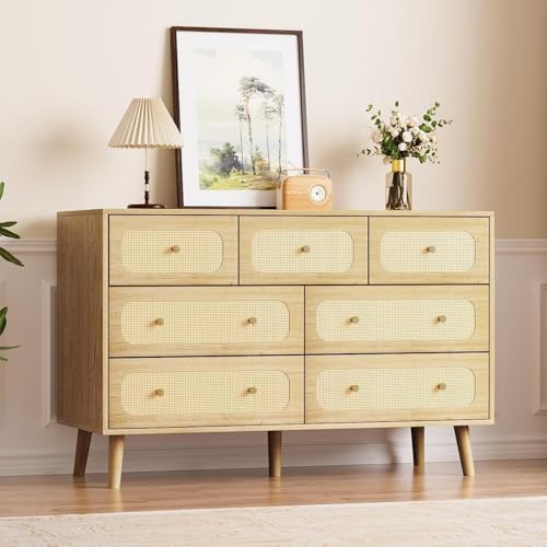 Image of Wananlanen® Rattan Dresser for Bedroom 7 Drawer, Natural Rattan Boho Dresser for Bedroom, Storage Organizer for Closet for Bedroom & Hallway Storage