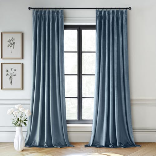 Image of MIULEE Stone Blue Velvet Curtains 90 inches Long, Pinch Pleated Blackout Drapes with Hooks, Thermal Insulated Pinch Pleat Panels for Bedroom Living Room, 2 Panels