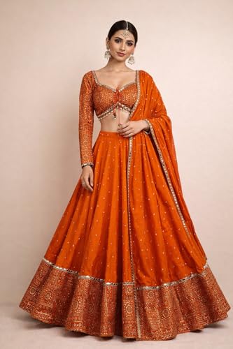 Image of Suppar Sleave Women's Embroidered Vichitra Silk Lehenga Choli Dupatta Set Semi-Stitched Blouse and Fit & Flare Style