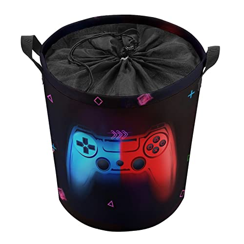 Gaming Laundry Basket With Drawstring, Red & Blue Fluorescent Gamepad Glow Luminous Game Collapsible Storage Basket Boys Kids Room Laundry Nursery Hamper Bedroom #TOP6