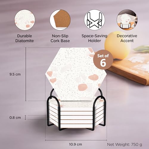 Image of The Better Home Coaster Set of 6 Diatomite Table Decor Accessories | Cups Mugs Glasses | Home Office Coaster Holder Hexagonal Design | Absorbent Pack