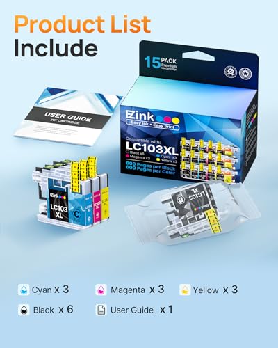 Image of E-Z Ink Compatible Replacement for Brother LC103 Ink Cartridges LC103XL | LC 103 LC101 Compatible with MFC-J870DW MFC-J475DW MFC-J6920DW MFC-J6520DW 15 Pack(6 Black 3 Cyan 3 Magenta 3 Yellow)