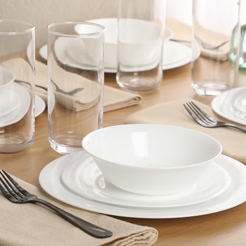 Image of Gibson Home Vanilla Hills 12-Piece Opal Glass Dinnerware Set, Service for 4 - Includes 10 inch Dinner Plates, 8 inch Salad Plates & 6.5 inch Bowls - Microwave Safe, Dishwasher Safe, Chip Resistant - White, Round