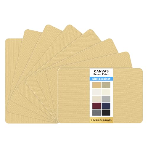 KING MOUNTAIN Canvas Repair Patch 5×8 Inch 8 Pcs Self-Adhesive Waterproof Fabric Patch for Sofas, Tents, Furniture,Tote Bags, Car Seats (Beige-1)