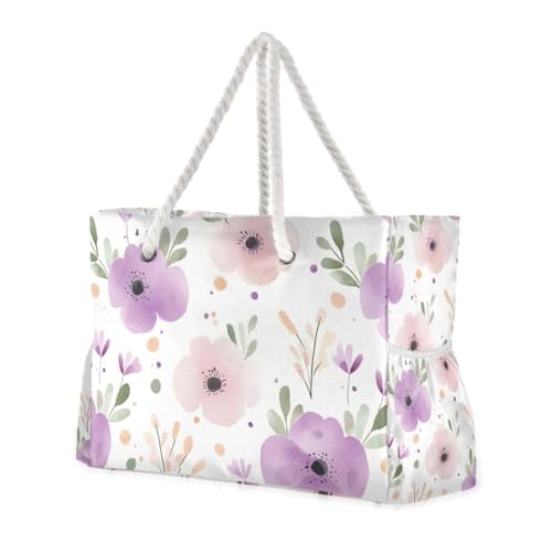 Floral Beach Bag - Large Tote Bags for Women Flower Shoulder Bags Zipper Waterproof Sandproof for Travel Gym Swim