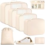 BAGAIL 8-Piece Packing Cubes Set, Travel Organizers with Breathable Mesh & Shoe Bag, Lightweight Nylon Packing Organisers for Luggage Suitcase, 9 Colors - Beige
