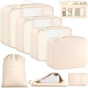 BAGAIL 8-Piece Packing Cubes Set, Travel Organizers with Breathable Mesh & Shoe Bag, Lightweight Nylon Packing Organisers for Luggage Suitcase, 9 Colors – Beige