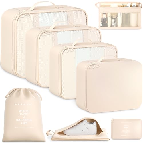 BAGAIL 8-teiliges Packwürfel-Set, Reiseorganizer mit atmungsaktivem Netz & Schuhbeutel, leichte Nylon Packorganizer für Koffer, 9 Farben - Beige