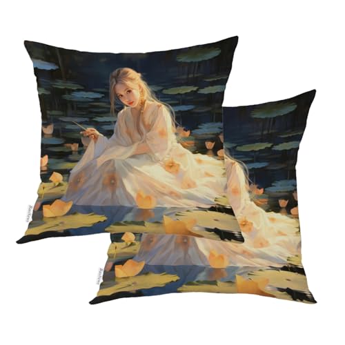 BaoNews Lady In Lotus Pond - Fundas de cojín para exteriores, diseño grácil por agua, mezcla de lino digital, resistente al agua, con cremallera oculta, almohadas de interior para piel y cabello