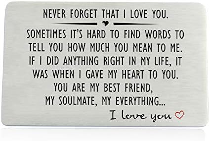 Anniversary Wallet Insert Card for Men or Women - Never Forget That I Love You, Engraved Wallet Insert for Boyfriend Husband Him, Birthday Wedding Deployment Gifts Cards for Couples