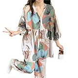 XIEXIEUS Pyjamas Hemd Lässig Lose Zweiteilige Kleidungsset, Mit Hosen Frauenheim Long-Beige-L